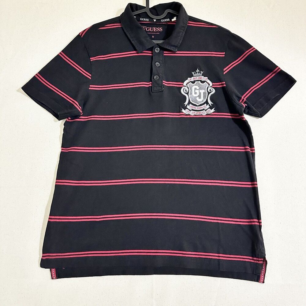 Guess Company Men's Cotton Polo Shirt Size Medium- Black/Red Striped